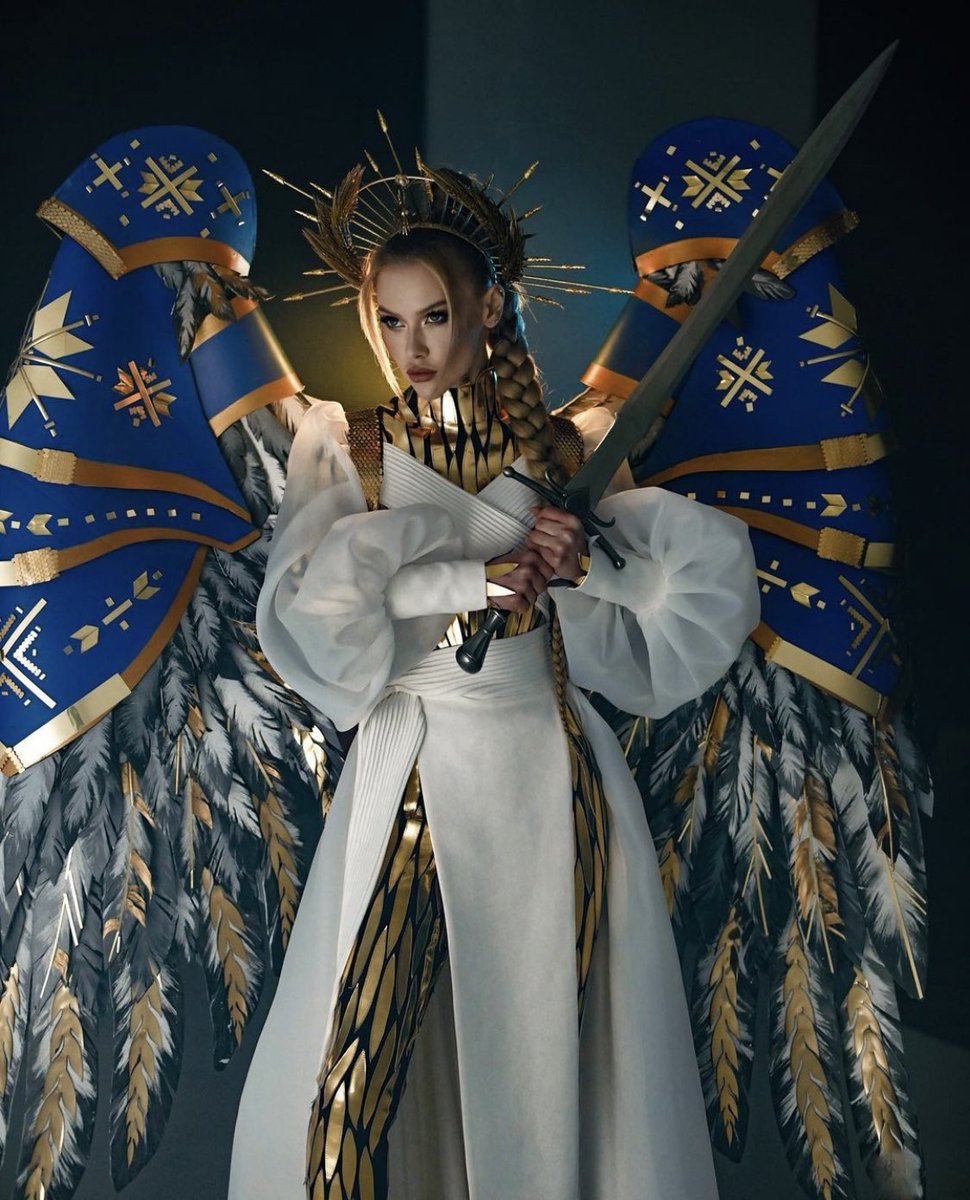 thatsbaba's tweet photo. We were incredibly inspired by Viktoria Apanasenko‘s costume “Warrior of Light” at the Miss Universe competition last week.

So we took her beautiful concept and put our own baba spin on it by incorporating some of our favorite Ukrainian symbols. 

Glory to Ukraine💛💙 https://t.co/bdy93DHWOO