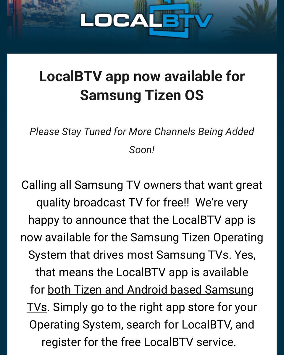 LocalBTV's tweet photo. Happy to announced we are now available on Samsung Tizen OS!
#Samsung #SamsungTizen #FreeTV #FreeTVApp #LocalBTV #CordCutter https://t.co/zPtpOcidDv