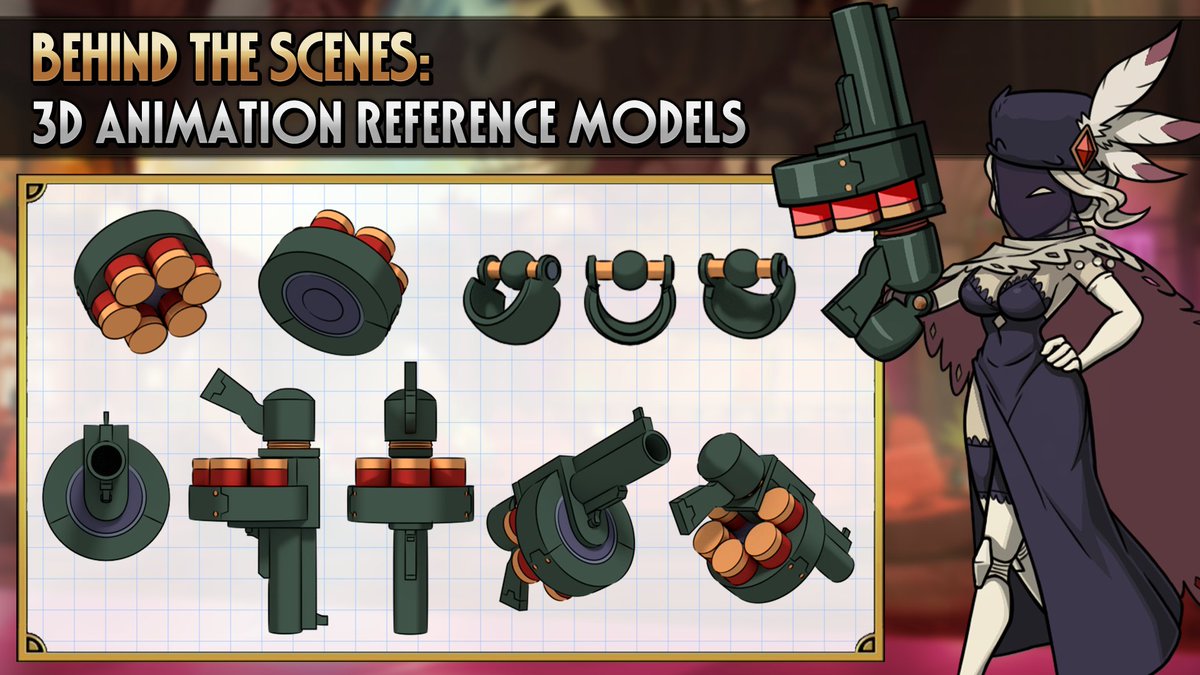 Whilst animating Skullgirls, complicated solid objects like Black Dahlia's gun often need to be drawn thousands of times from hundreds of different angles.
They are eventually painted over, but 3D models are a huge help as animation references!

#Skullgirls #SkullgirlsBlackDahlia