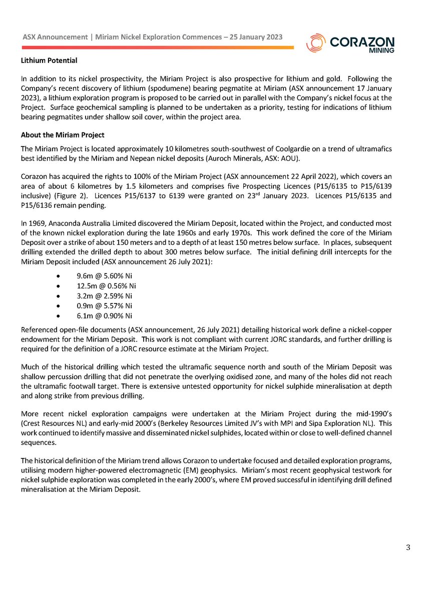 corazonmining's tweet photo. 🔉Licences Granted - #Exploration Underway at the priority Miriam #Nickel Sulphide Deposit in #WesternAustralia
More: https://t.co/eQeNrF4itq
#exploration #asxnews $CZN.ax #CZN #CorazonMining #batterymetals #EVs #lithium #gold https://t.co/AxZSo43Ppj