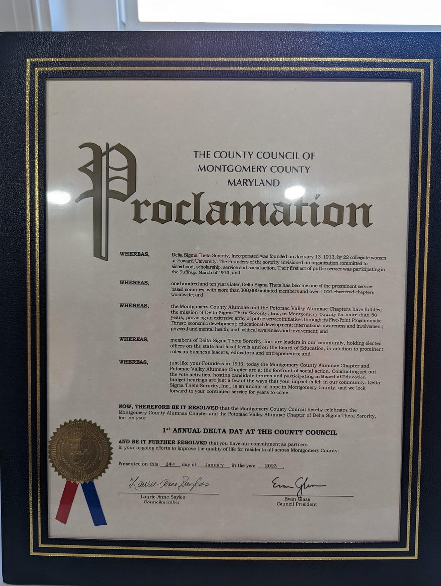 DSTPVAC's tweet image. Members of the @MCACDST and PVAC received a proclamation from the Montgomery County MD Council (MCC) recognizing Delta Sigma Theta Day in the county. 
Check it out here:
January 24, 2023 - Council Session (am): youtu.be/Lg9G3ryTXCk 
#pvacmddeltas #outofmanyonepvac  #DST110