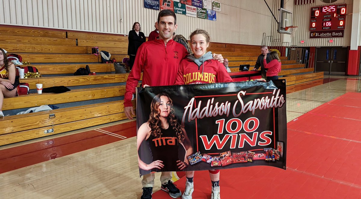 🚨100 CAREER WINS🚨

Columbus senior Addi Saporito gets her 100th career win tonight against Independence.

She's the first in Columbus girls wrestling history to reach 100 wins.