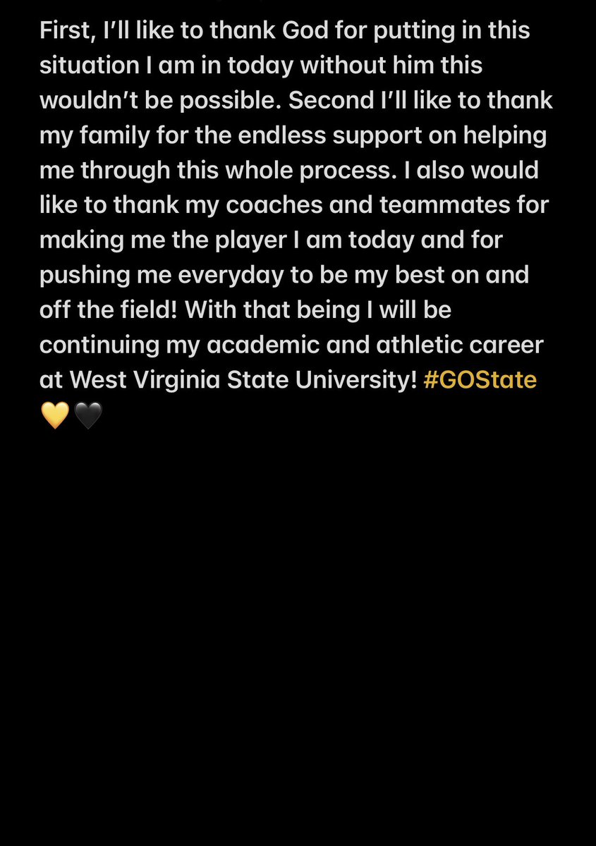 Committed to West Virginia State University!!! #Gostate💛🖤 @CoachPenn @CoachPriceCU @inwood2333