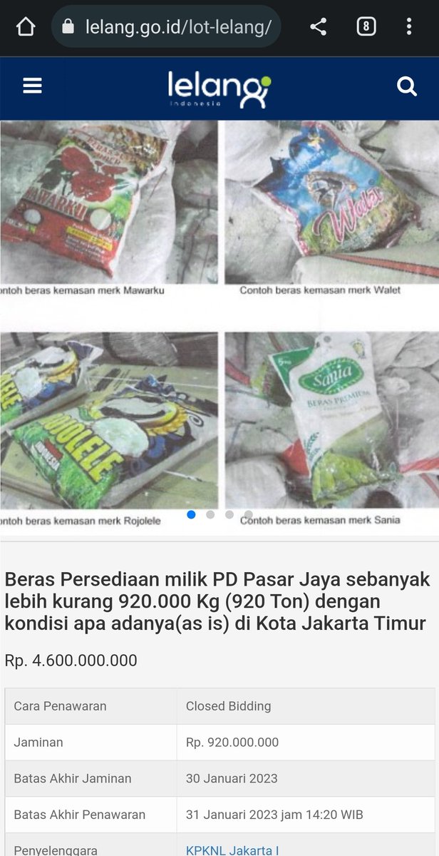 Asyikk Beras Busuk pun dilelang dengan Gambar2 pemanis Beras 5 kg (paket bansos) 

Harga di patok Rp. 4.6 Miliar dimana beras ini buat Hewan sekalipun sdh tidak boleh..

Kabarnya mereka akan patungan utk bersihkan barbuk ini dari gudang  Pulogadung 😄

Batas akhir 31 Januari 23