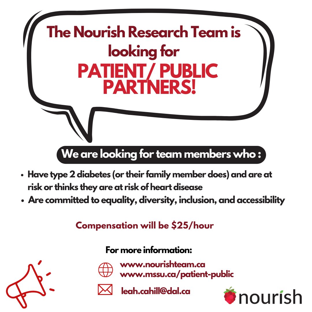 Our team is recruiting patient/public team members for a type 2 diabetes research project and beyond! More details on our website: nourishteam.ca. Thank you for sharing and considering joining us! #PatientEngagement #PublicEngagement #T2DM