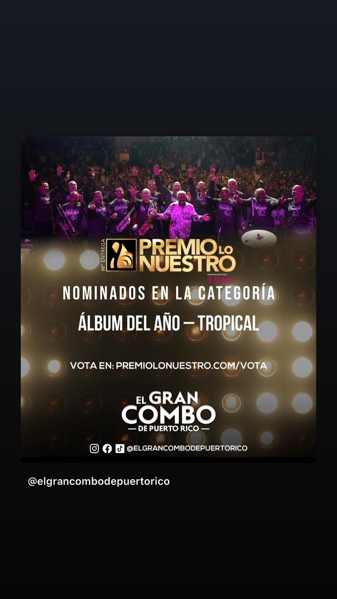 richieperc's tweet photo. Familia El Gran Combo de Puerto Rico Estamos muy contentos con nuestra nominación en los Premios Lo Nuestro 2023 en la categoría “Álbum del Año - Tropical” para votar puedes entrar a https://t.co/GYXEZYy86q 🎶💃🏻
#elgrancombodepuertorico #ElGranCombodePR #gira60aniversario https://t.co/S2lZ8tXSgC