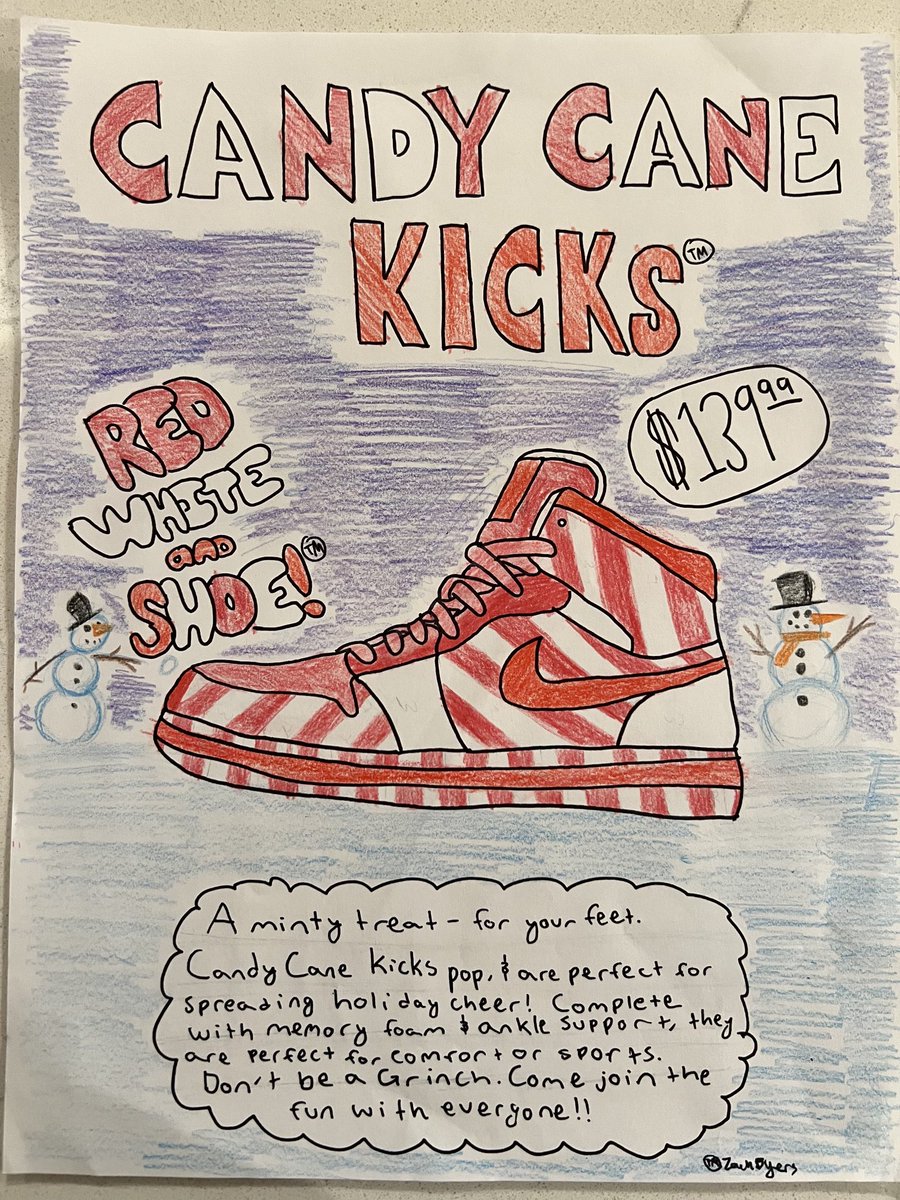 apbyers's tweet photo. My 12 yr old had to design a shoe after a food. Nailed it. @nike you gonna make this next holiday season’s sensation? He even gave you ad copy. https://t.co/miqJXS57Kj