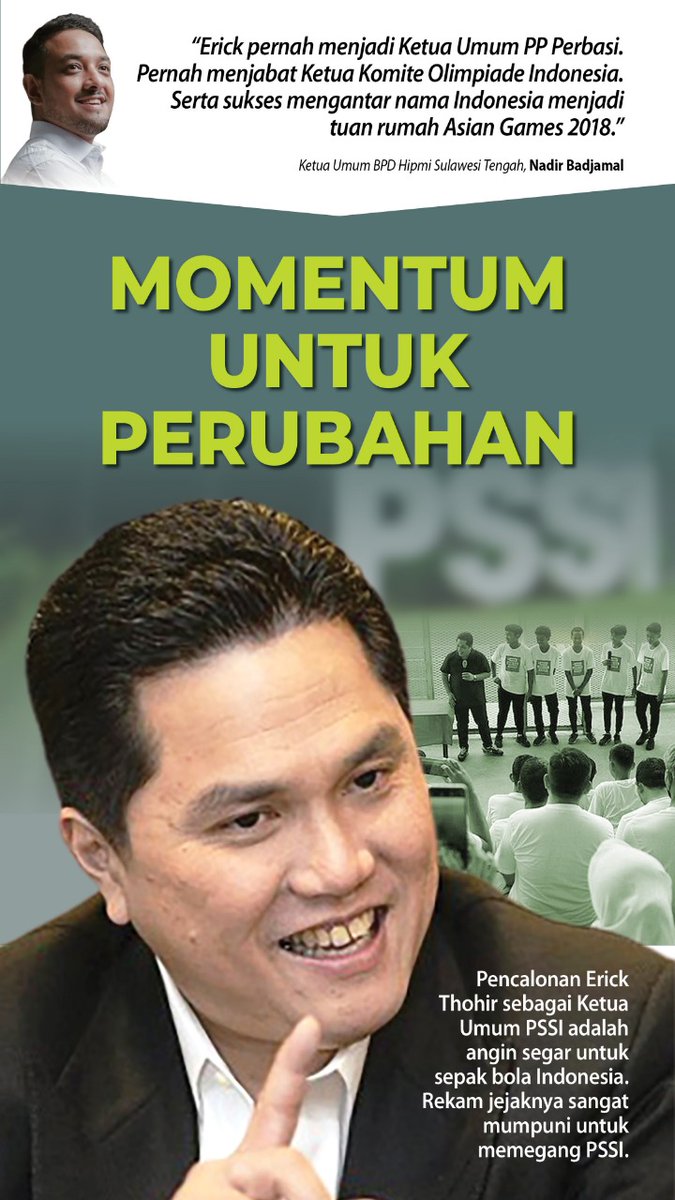 barayaerickthir's tweet photo. Pencalonan Erick Thohir sebagai Ketua Umum PSSI adalah angin segar untuk sepak bola Indonesia. Rekam jejaknya sangat mumpuni untuk memegang PSSI.

#KitaHadapiKitaAtasi
#erickthohir #etroopersjabar #etroopersaction #ethosukabumi #ethocianjur #sukabumi #cianjur https://t.co/LU93nyUsw1