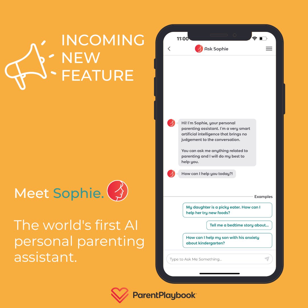 ParentPlaybook_'s tweet photo. In ONE WEEK we will be releasing our app's newest feature: Sophie. Sophie is an artificial intelligence chatbot powered by #ChatGPT. Sophie has some incredible capabilities. https://t.co/IW1wINXOgr