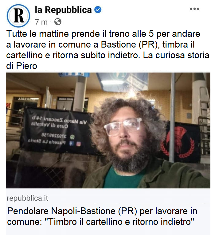 Comune_Bastione's tweet photo. 🔴PENDOLARE: "TIMBRO E TORNO INDIETRO"

Oggi su @LaRepubblica_it la curiosa storia del nostro operaio Piero, pendolare da Napoli che si alza alle 5 solo per prendere il treno per #timbrare.

"Questa è la dedizione al lavoro che vogliamo!" commenta entusiasta il Sindaco. https://t.co/XhFON4qoBw