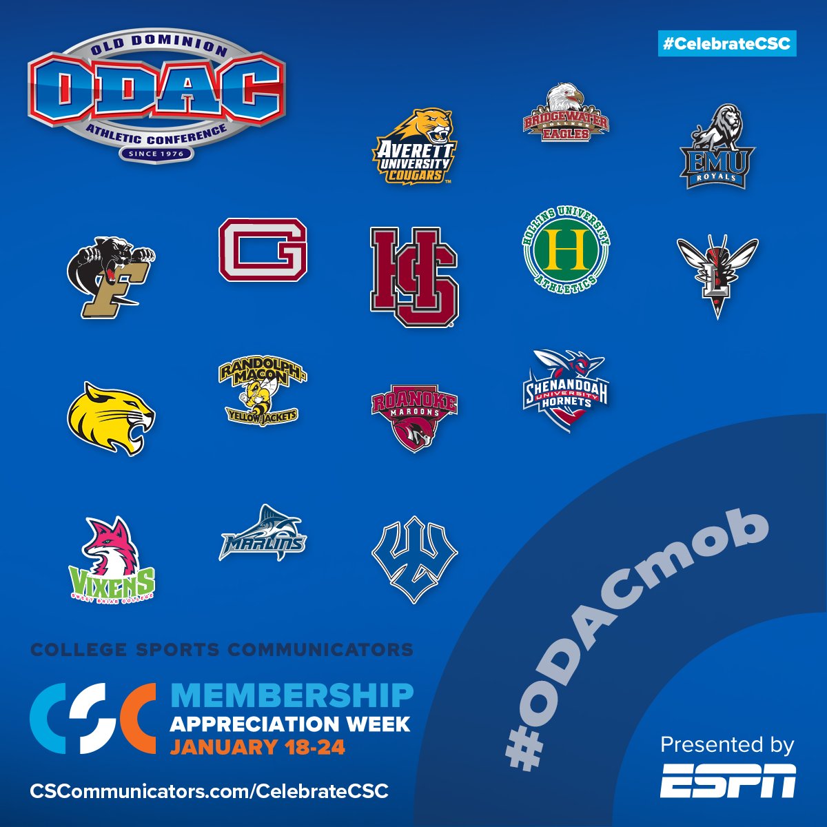 odacathletics's tweet image. Affectionately known as the #ODACmob since a whopping 25 pros attended the 2018 CoSIDA (now @CollSportsComm) convention in Washington D.C., the #ODAC salutes its athletic communications professionals during #CelebrateCSC Week