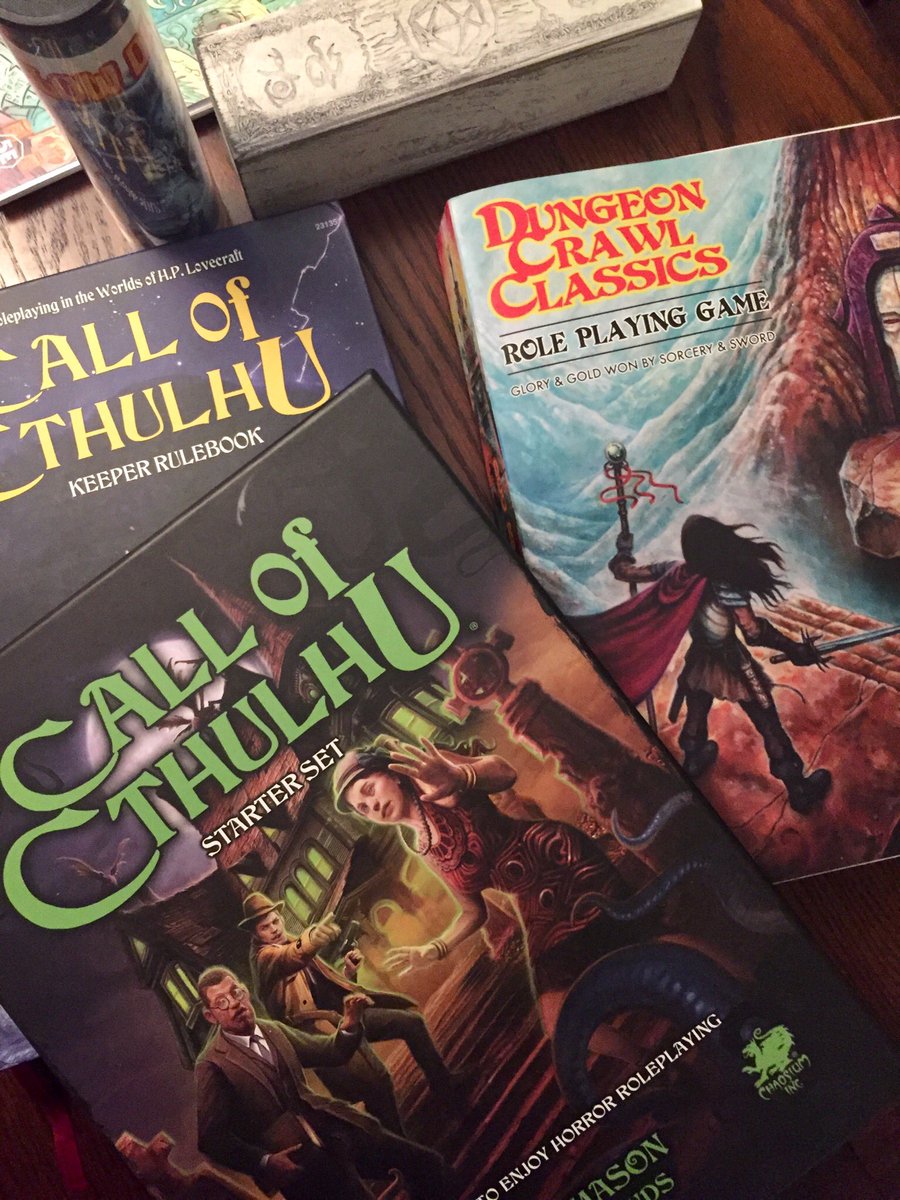 OriginalGrogna1's tweet photo. I know there’s a lot of talk right now about playing different #RPG systems, I can definitely recommend these two.  Don’t be afraid to try something new!  
#TTRPGs #dcc #CoC #dungeoncrawlclassics #callofcthulhu #goodmangames #chaosium https://t.co/IE2AwyqaeS