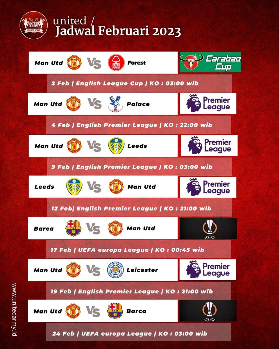 unitedarmyfc's tweet photo. Intip jadwal @ManUtd di bulan Februari United akan bermain 7 Pertandingan.

Dan ada Pertandingan @premierleague melawan Leeds home &amp; away beda 3 hari, jadwal tanggal 9 Februari merupakan Pertandingan pengganti yang di tunda pada September tahun lalu. 

#MUFC 
#UNITEDARMYID https://t.co/tPVTjmn4j1