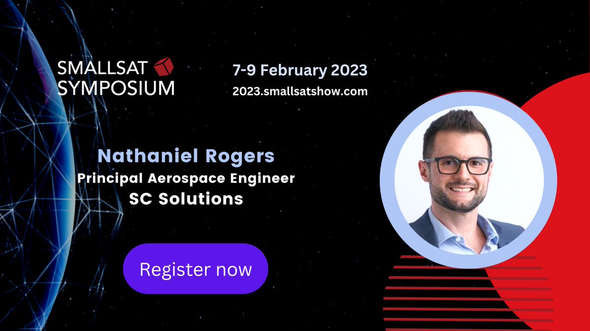 Happy to have Nathaniel Rogers as a guest speaker. He is a lead aerospace and mechanical engineer at SC Solutions, a provider of advanced analysis and simulation engineering services. Full bio: bit.ly/3XM5TCi #smallsatsymposium #smallsat #satellite #satnews #smallsatshow
