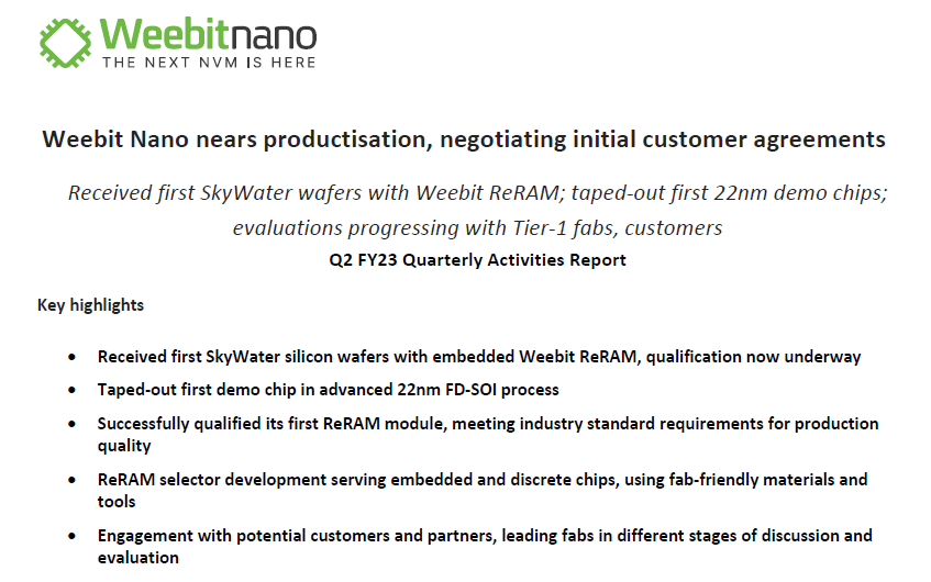 HDCCreative's tweet image. Another great update from $WBT #ReRAM negotiating customer agreements. No other company is this far progressed regarding commercialistaion of #ReRAM #NVM