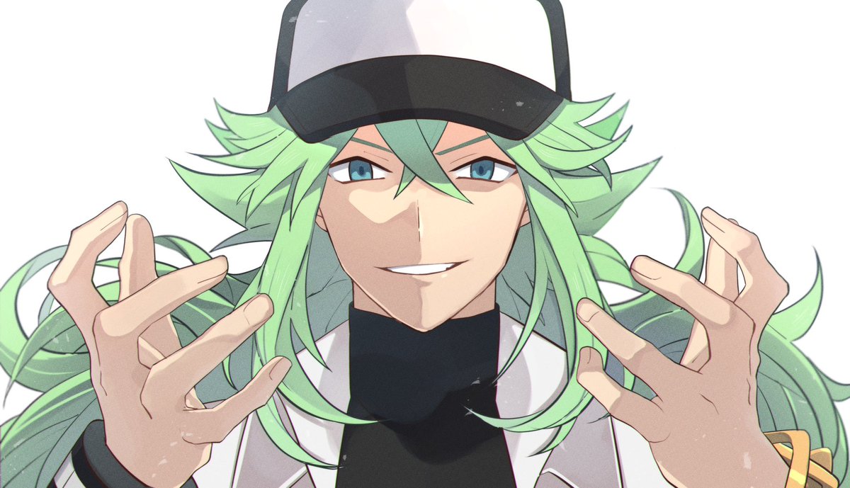 1boy bangs baseball cap green hair hair between eyes hands up hat  illustration images