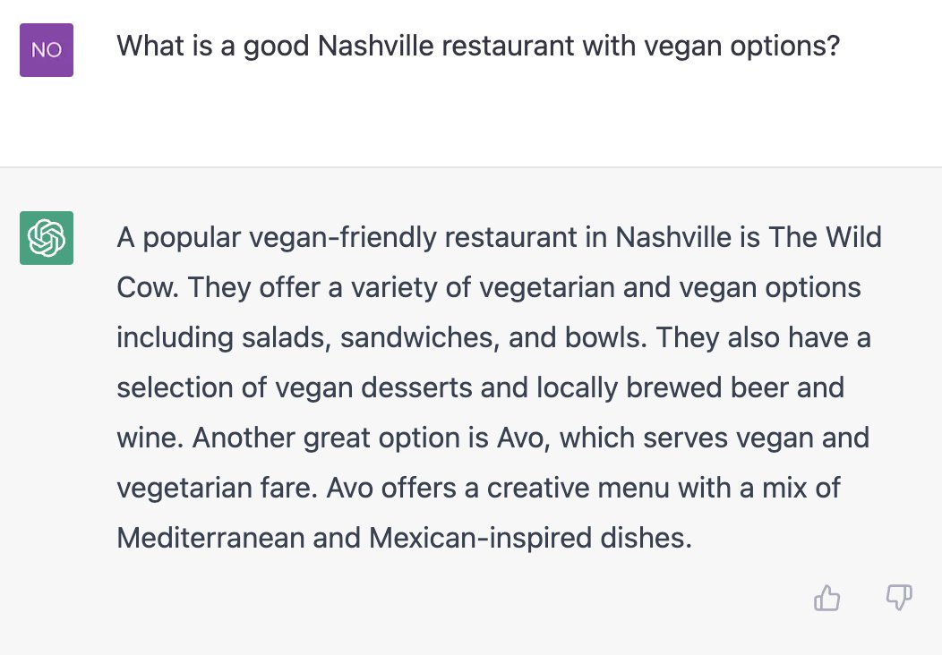 nhapp's tweet photo. Just like that, #chatGPT just eliminated the need for Google &amp; Yelp... I bet OpenTable is next https://t.co/ELCM7ytRHk
