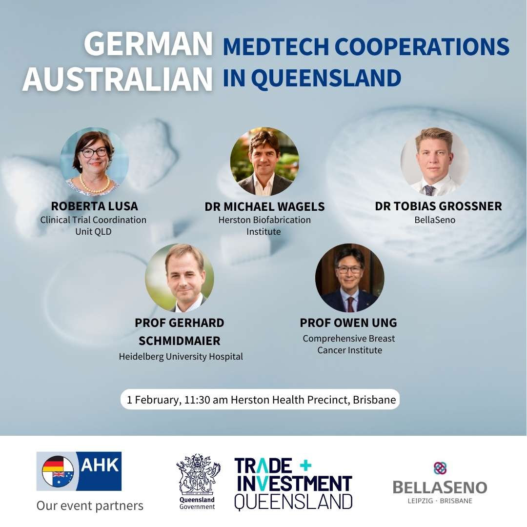 German-Australian Chamber (@germanchamberoz) on Twitter photo We are excited to host our first event of 2023 next week and are stoked to collaborate with <a href="/tradeinvestqld/">Trade and Investment Queensland</a>.
Gain insights into innovative custom-made medical devices and clinical trials featuring #BellaSeno and @MetroNorthHHS.
Find more information here: bit.ly/3CUSEqR We are excited to host our first event of 2023 next week and are stoked to collaborate with <a href="/tradeinvestqld/">Trade and Investment Queensland</a>.
Gain insights into innovative custom-made medical devices and clinical trials featuring #BellaSeno and @MetroNorthHHS.
Find more information here: bit.ly/3CUSEqR