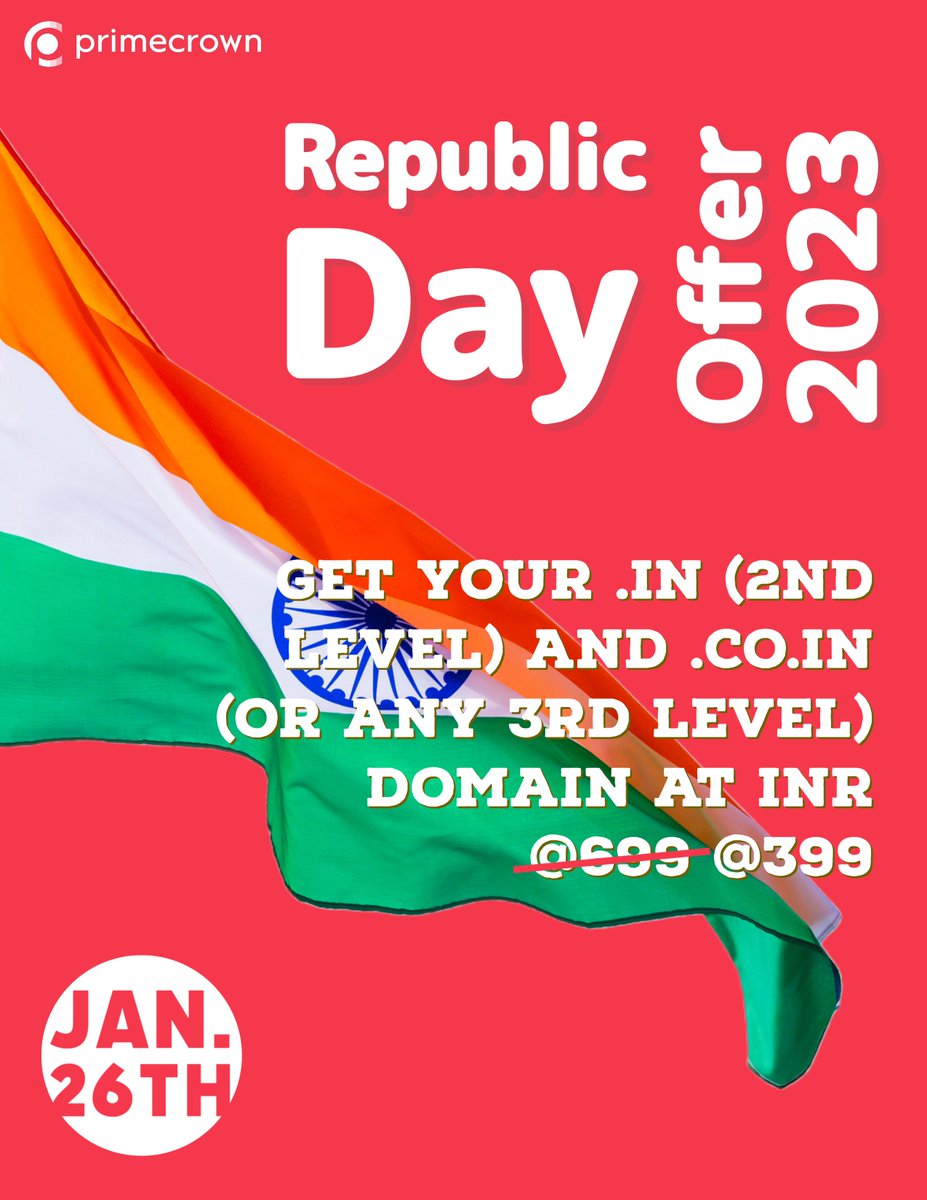 PrimecrownCorp's tweet photo. To honour and celebrate the 74th year of the Indian Constitution, we would like to announce the 2023 Republic Day Offer in association with the National Internet Exchange of India (NIXI).

👇
https://t.co/AqvqKljlGn

#primecrown #domain #domainindia #NIXI
@inregistry https://t.co/VlDg0fxwO8