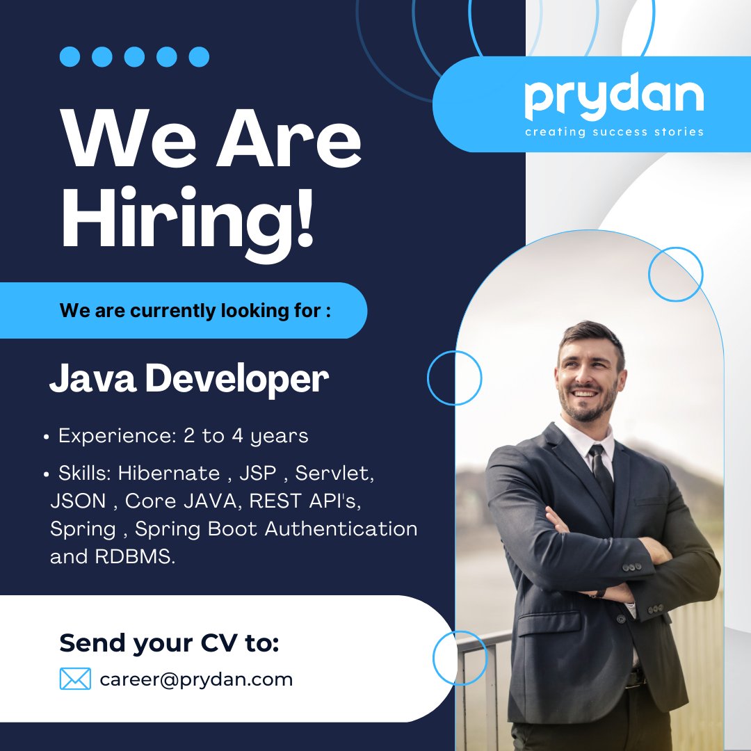 Prydan_HR's tweet photo. We are looking for Java Developers!

Experience: 2 to 4 years 

Share your resume at: career@prydan.com

website: https://t.co/dR2BdLAoUJ

Call / WhatsApp: 8884266639

References are highly Appreciated!!

#prydan #prydanconsultancy #urgenthiring #javadeveloperjobs #javadeveloper https://t.co/SpqseMh6pN