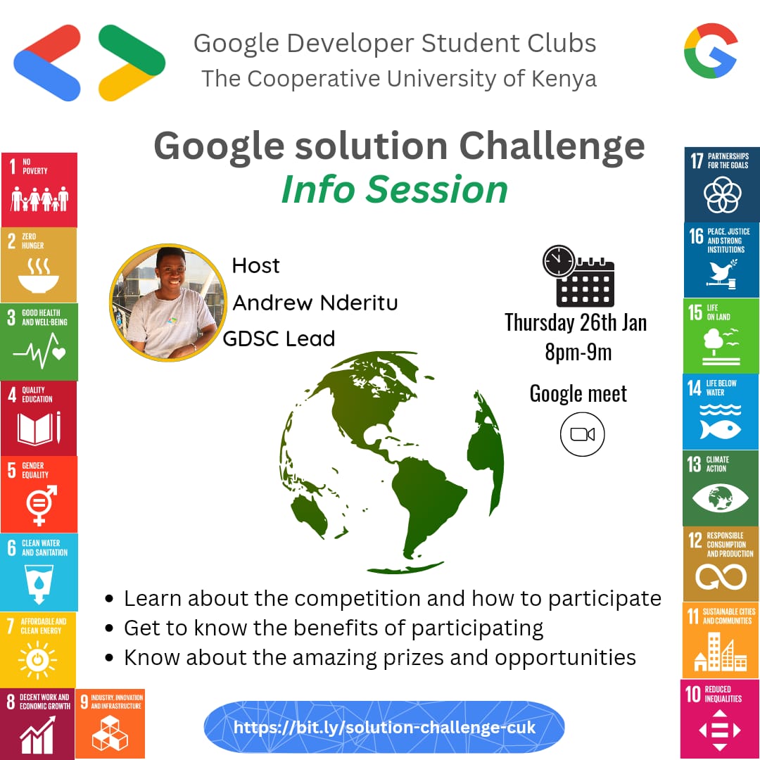 gdscCuk's tweet photo. @gdscCuk is organising an info session to prep us all for the  solution challenge. @AndrewNderitu__  will be hosting the info session. See y'all on Thursday evening. https://t.co/v2iemjLoyh