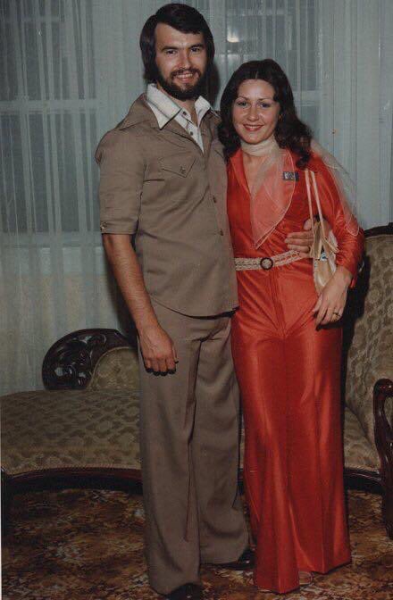 Our 1970's 'Going Away' gear, Safari Suit and Red Satin Jump Suit... it was normal for couple to change out of wedding gear before leaving the reception  #70sFashion