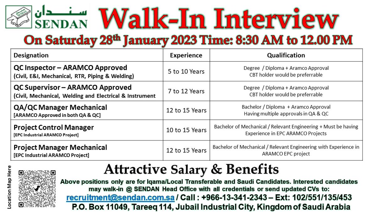 Sendanofficial's tweet photo. #HIRINGNOW #saudijobs #walkininterviews #vision2030 #ksa #jobsinksa #qaqc #aramco https://t.co/Eyw6XAnyKb