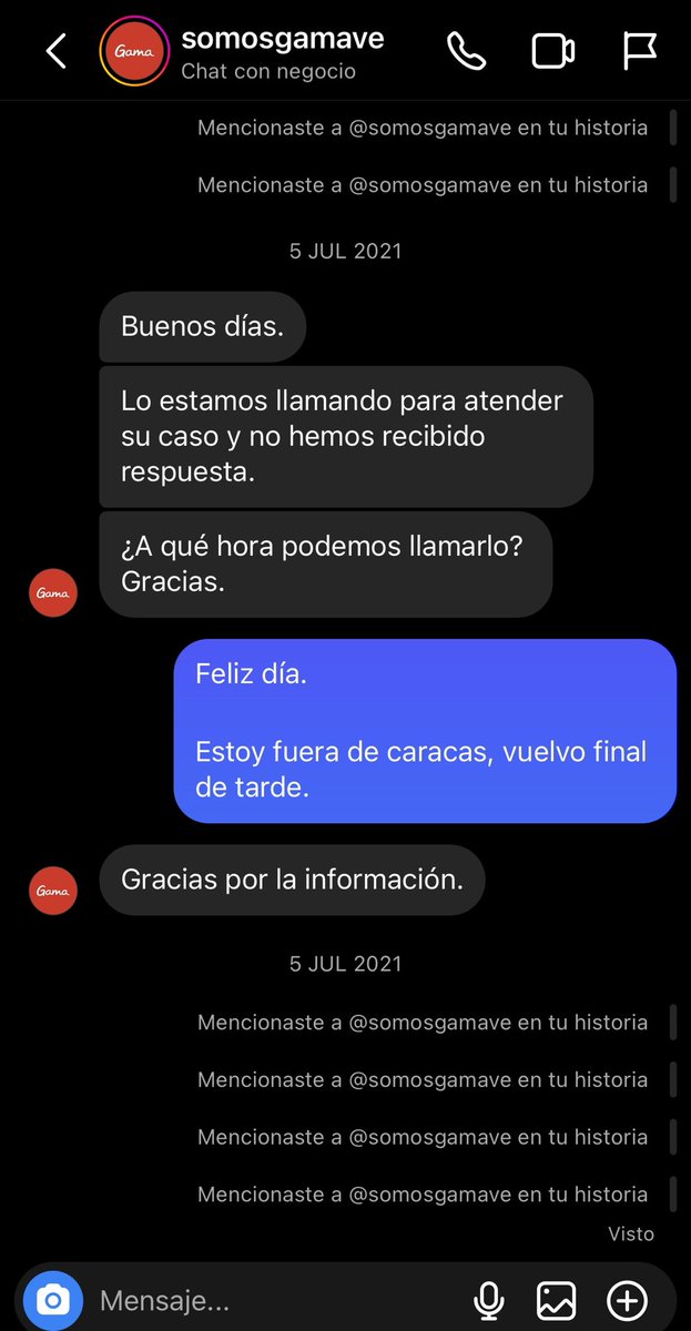 JRafaDelgado's tweet photo. @somosgamave @URlibre @LucioQuincioC @MonitorDolarOf @InformadorVeraz @MinpublicoVEN Adjunto capture de la conversación vía  DM de Instagram. 
Me contactan el día 05 de julio, por ser feriado estuve de viaje, sin cobertura telefónica y aunque indique cuando estaba de regreso no recibí llamada alguna. #SomasGama https://t.co/M5oqS2FrFF