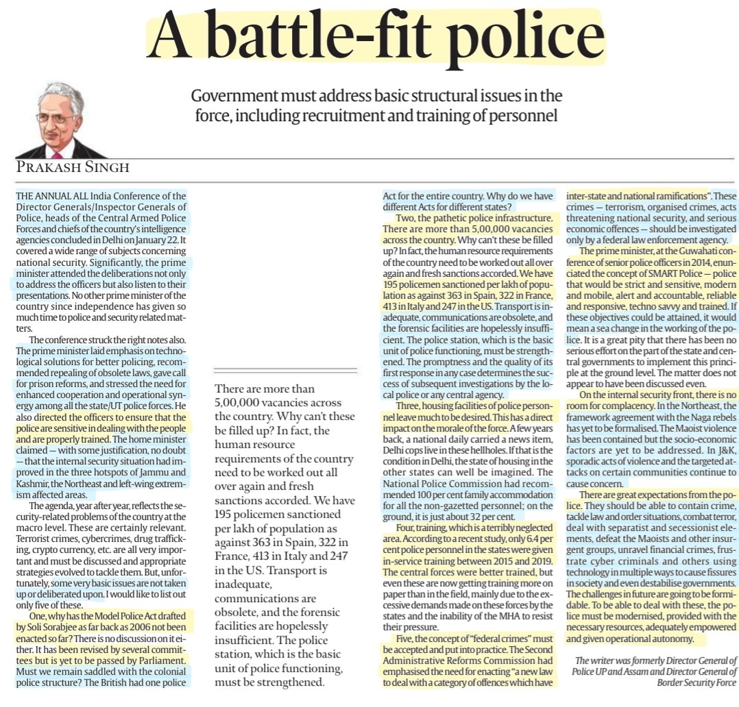 imRavikantYadav's tweet image. &apos;A Battle-Fit Police&apos;
-By Prakash Singh Sir @singh_prakash

Details:Present structure of #Police
System,expectations,improvements needed,#ModelPoliceAct ,stats &amp;amp;
More info..

#PoliceReforms #InternalSecurity

#UPSC2023 #upscprelims 

Source: #Editorial IE