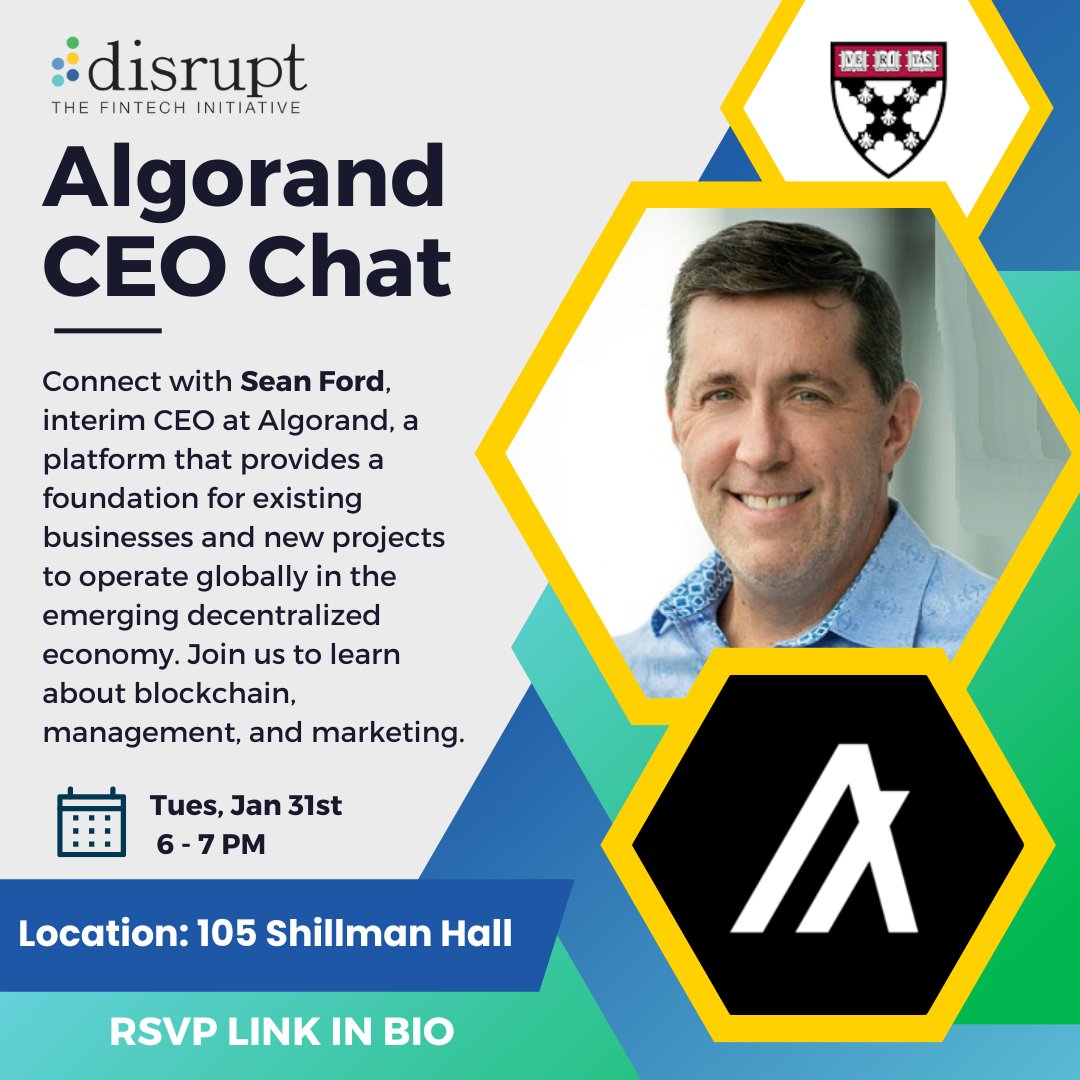 Get excited to meet Sean Ford, CEO of Algorand! ⭐️ This fireside chat will leave you with advice, connections, and a better understanding of what they do at Algorand!

RSVP through link in bio
⏰: Tues. 31st Jan, 6pm-7pm
📍: 105 Shillman Hall