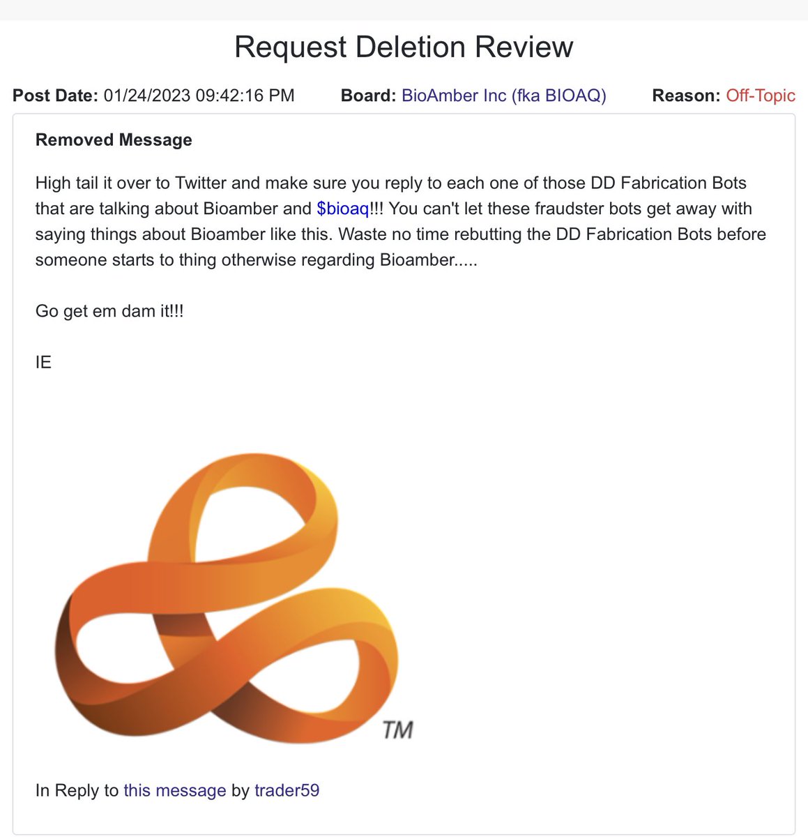TheIronEagle's tweet photo. It’s off-topic somehow.  But i had to get these dd fabrication Twitter bots on blast.  Suck it iHub admins; can’t even request a review. What a joke! $bioaq https://t.co/6vCuHu2Xx3