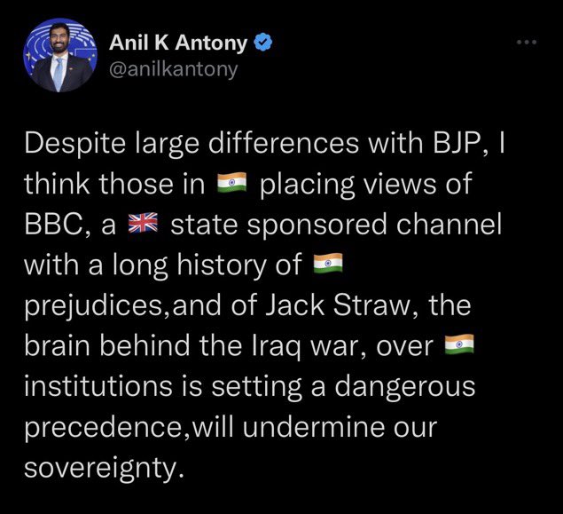 rishibagree's tweet photo. Congress stalwart A K Antony’s Son and active congress member was forced to resign after he refuse to delete the tweet. 

Same Congress gives sermons on free speech to others https://t.co/qsb2dZTs1D