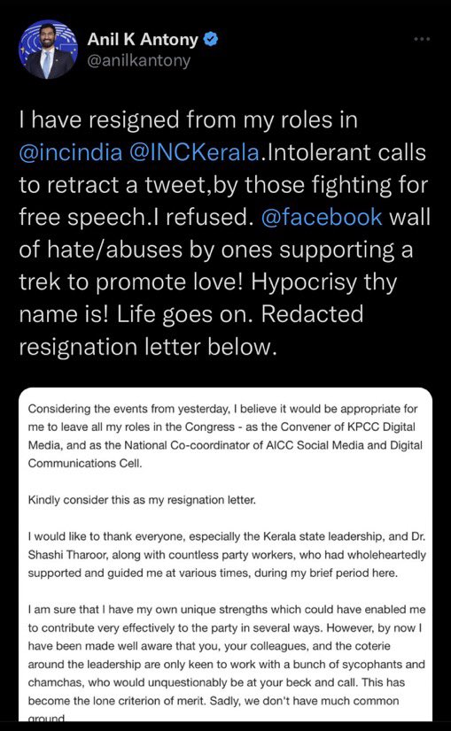 rishibagree's tweet photo. Congress stalwart A K Antony’s Son and active congress member was forced to resign after he refuse to delete the tweet. 

Same Congress gives sermons on free speech to others https://t.co/qsb2dZTs1D