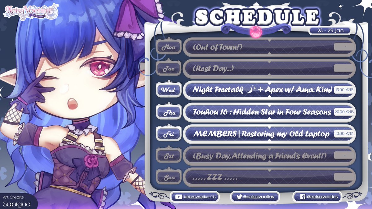 neisavoetius's tweet photo. Meski jadwal cukup padat minggu ini,
Me BIG EXCITE to jump back into Apex with Kimi!

✧ Weekly Schedule for Jan 23 - Jan 29 ✧
!socials : https://t.co/nuv9261fGU

General &amp; Info : #NeisaVoetius
Fanart - #Neisketch (18-) #PPNeisa (18+)
Memes - #Neismeme
Stream/Clips - #Neisdream https://t.co/e8toJ0PlQY
