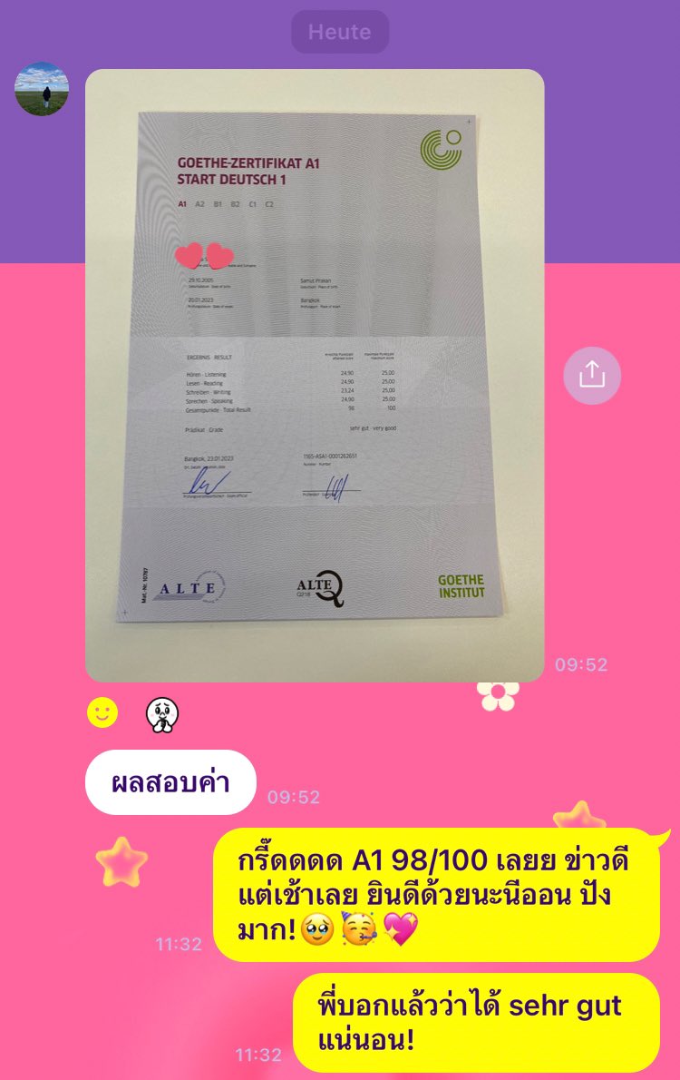 supergerman_th's tweet photo. อัพเดทจากทางลูกศิษย์เช้านี้สอบ A1 98/100 คะแนนจะสะบัดไปไหน🥹💖 ยินดีด้วยอย่างมากจริงๆค่ะ ตอนนี้คลาส speaking พูดเยอรมันได้ใน10ชั่วโมง เรียนสดกับครู สิทธิ์ยังไม่เต็มน้าา dm เลย! #ติวเตอร์ #A1 #เยอรมัน #ภาษาเยอรมัน #หาติวเตอร์ #เรียนเยอรมัน #เรียนออนไลน์ #ติวA1 #GOETHE #ย้ายประเทศ https://t.co/7T2M589CLL