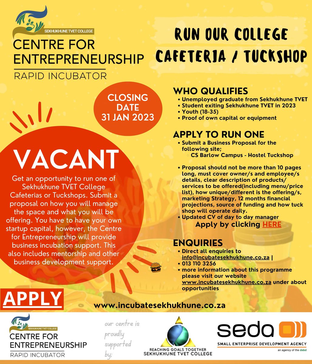 cfe_sekhukhune's tweet photo. Here’s 📌a chance for one of our graduates or exiting students. The Sekhukhune TVET College CS Barlow Campus HOSTEL Cafeteria is in need of someone who will run their Cafeteria🥪🍬🍭🥤

Come along and submit your application: https://t.co/39AoBc0FJf https://t.co/uIcLhLKmdJ