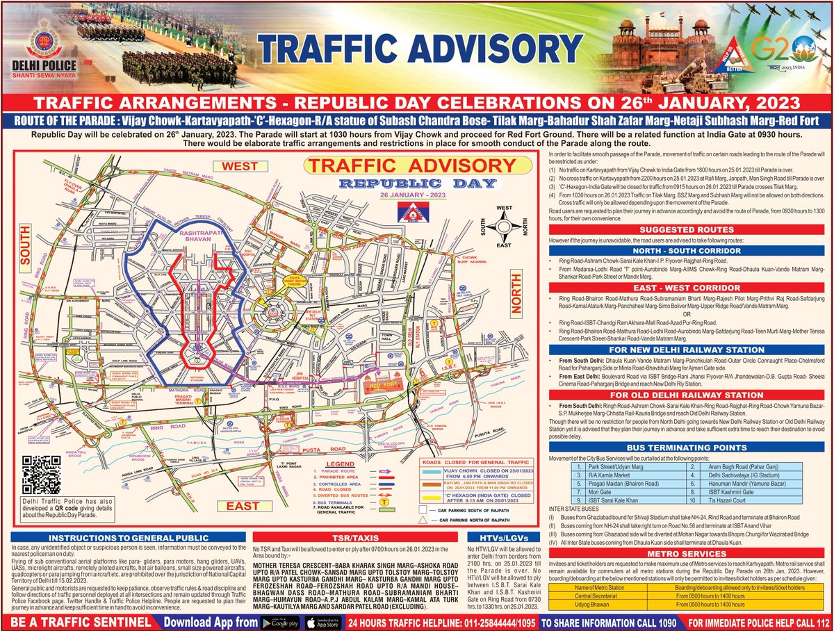 dtptraffic's tweet photo. Traffic Advisory
In view of @republicday2023 Celebrations, certain traffic restrictions will be effective in Delhi.

Commuters are requested to avoid the mentioned routes and plan their journey accordingly.

#DPTrafficAdvisory https://t.co/BU4EfJJfuW