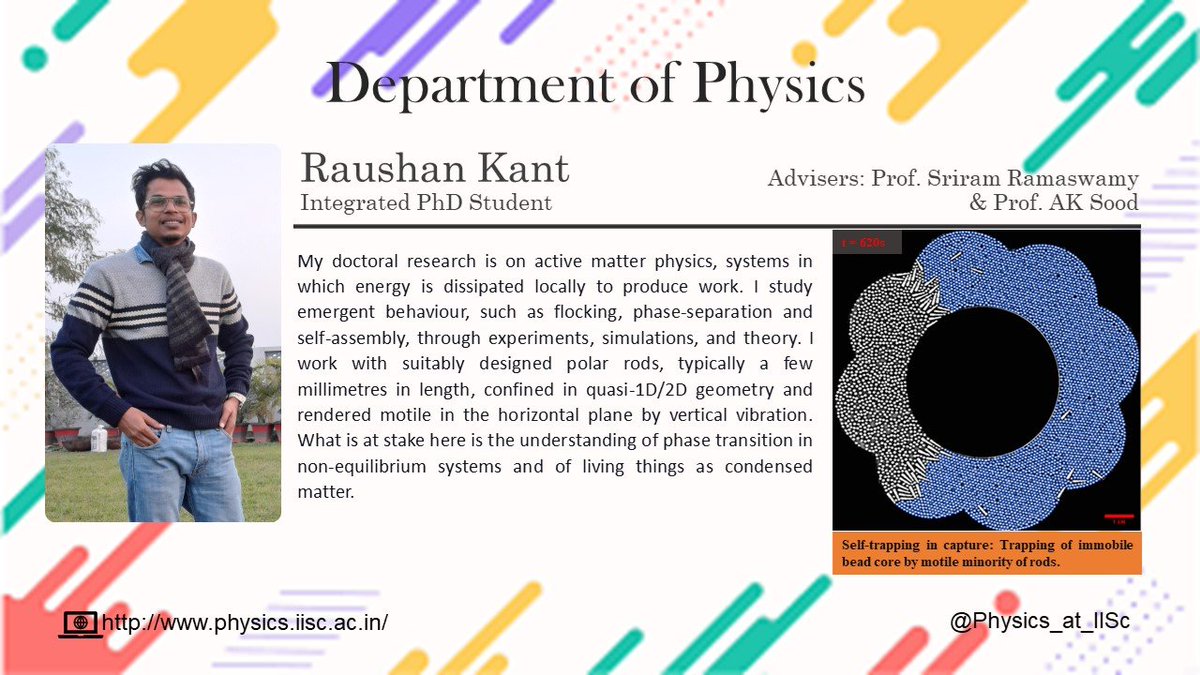 Physics_at_IISc's tweet photo. Meet Raushan Kant, a graduate student working on active matter physics.
#physicsstudentprofile #physicsatiisc https://t.co/fGWxzTCuee