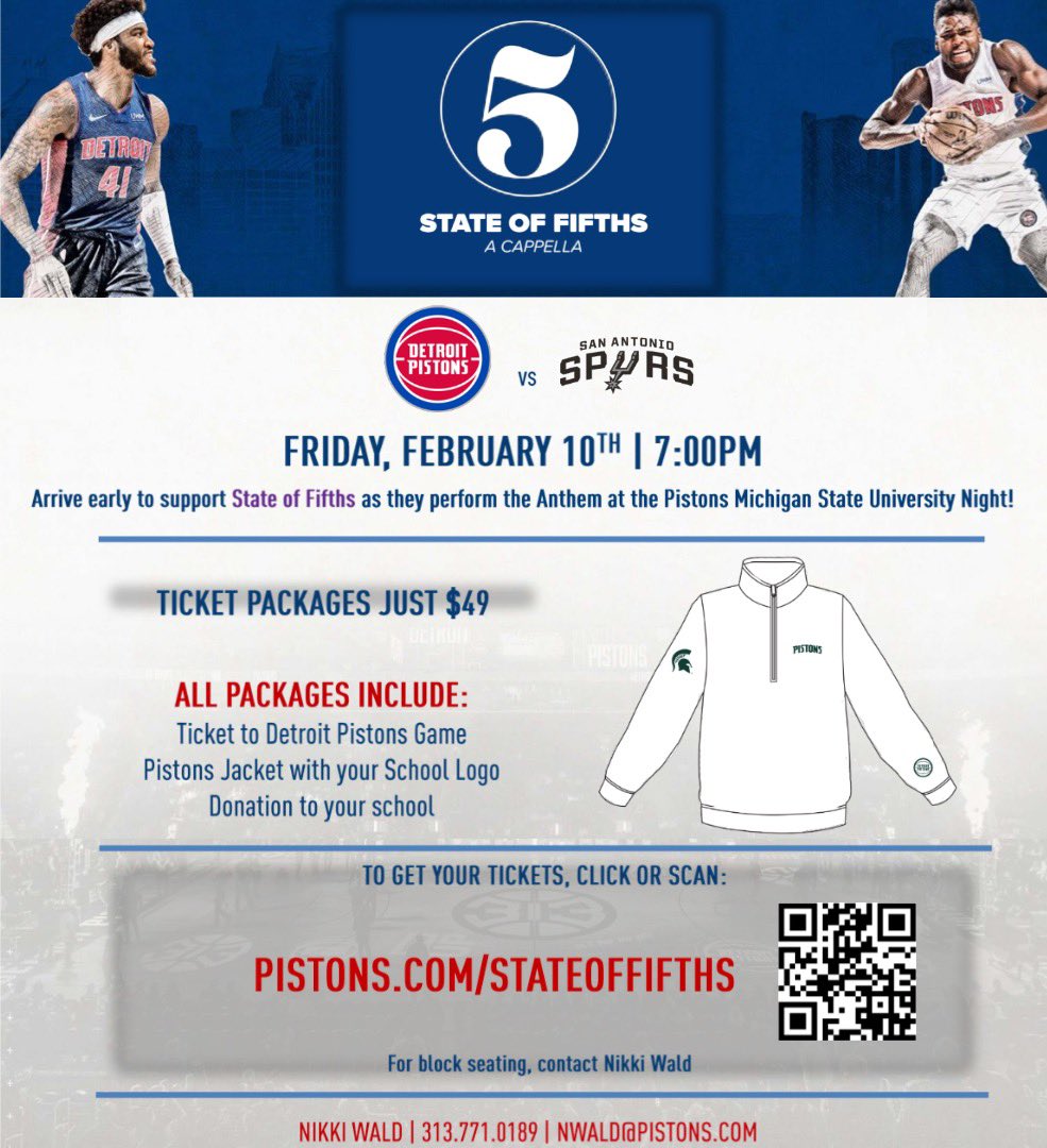 We’re teaming up with the <a href="/DetroitPistons/">Detroit Pistons</a> for their “MSU night” game on Friday, February 10! We’ll be performing the National Anthem, and we’re selling special ticket packages for the game that will help fundraise for our group!

Tickets: pistons.com/stateoffifths