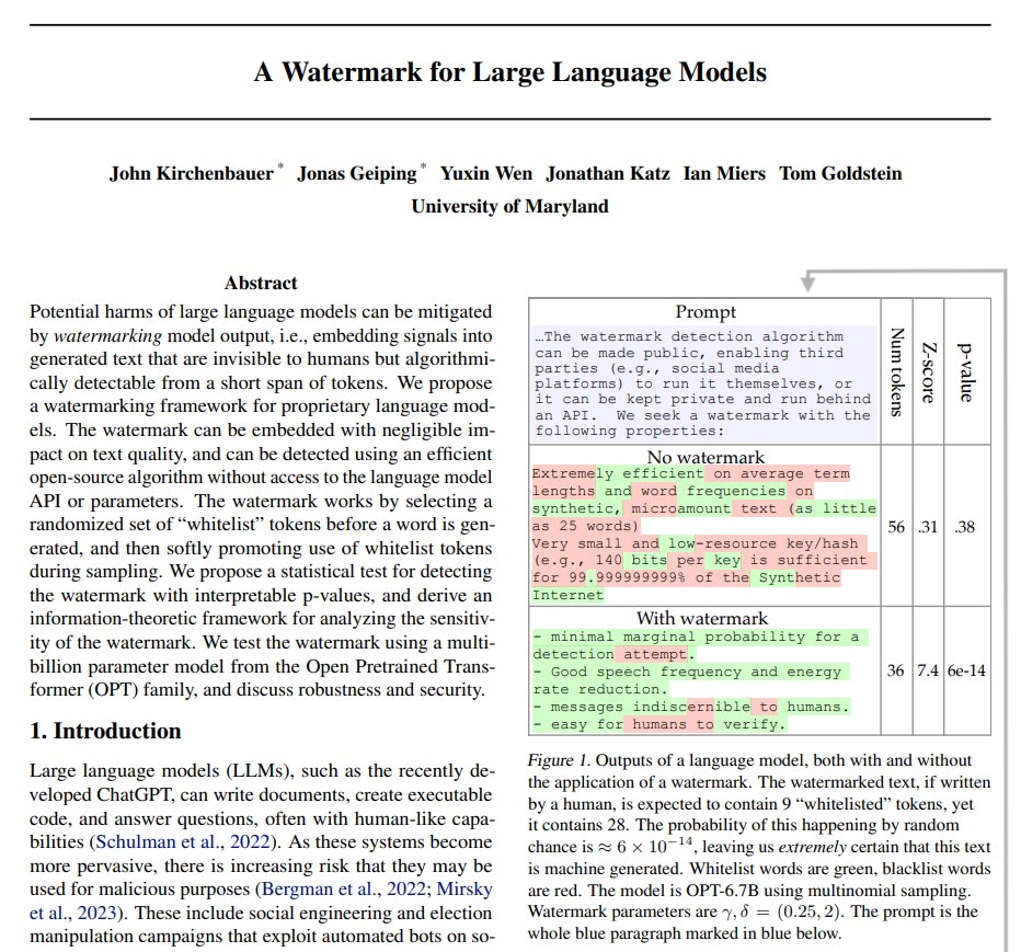 arankomatsuzaki's tweet photo. A Watermark for Large Language Models

Proposes a watermarking framework for proprietary language models and a statistical test for detecting
the watermark using OPT.

https://t.co/QG0rOGQMCk https://t.co/KoYxXzTVJl