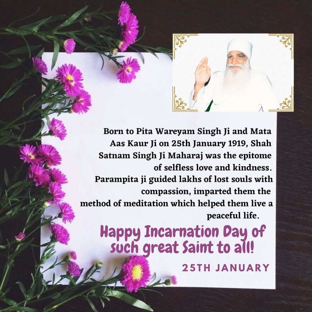 Insan_0777's tweet photo. The spiritual guide of millions Shah Satnam Singh Ji took birth in January on 25th, 1919.
The supreme power incarnated on earth by following the order of Almighty to spread the happiness in the lives of people &amp; make them free from all worries!

#MSGBhandara 🎂
#HappyBirthdayMSG https://t.co/gLEwtPKCvI
