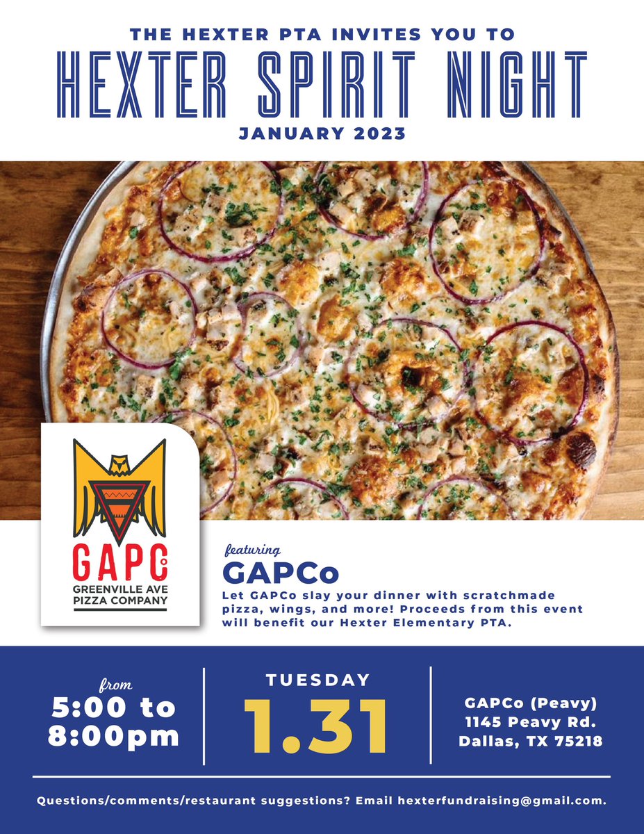Mark your calendars! One week from today, January 31st, 10% of all sales go to Victor H. Hexter Elementary from 5-8pm! 
#GreenvilleAvenuePizzaCompany #SlayPizza #GAPCoPeavy #lowestgreenville #BestPizzaInDallas #PizzaSlayer #LivebytheSlice #Slay #PizzaLife #PizzaToday