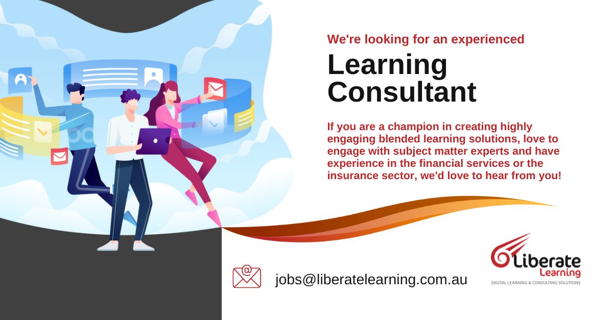 Liberate_ELearn's tweet photo. If you'd like to learn more about this role, contact our onboarding team at jobs@liberatelearning.com.au and we can provide you with more information.

We look forward to hearing from you.

#learningconsultant #hiringnow #jobs #jobsearch #careers #financialservices #insurance https://t.co/L44SoSGuxs