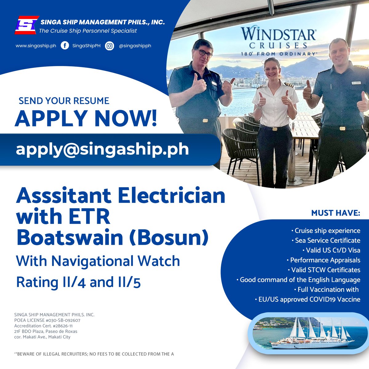 SingaShipPH's tweet photo. Send your Resume, documents and copy of your COVID-19 vaccination card to
apply@singaship.ph
‘BEWARE OF ILLEGAL RECRUITERS; NO FEES TO BE COLLECTED FROM THE APPLICANTS”
#cruiseship #Seafarer #opportunities #job #jobsearch #hiringnow #technical  #assistantelectrician #assistant https://t.co/rlgtuebnoa