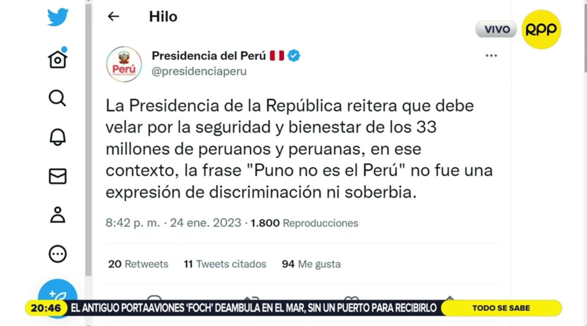 RPPNoticias's tweet photo. 🔴 #EnVivo: Presidencia afirma que la frase 'Puno no es el Perú' no fue por discriminación ni soberbia, y 'de haberse malinterpretado', piden disculpas.

📺 ► Movistar 10 - 710 HD https://t.co/jeDZMYp6Pq