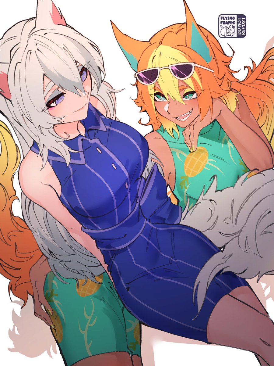 2girls animal ears blonde hair breasts dark skin dress eyewear on head  illustration images