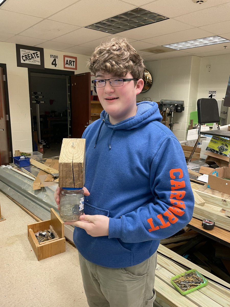SMART Goal met! This student came in everyday ready to learn and create. After only 1.2 weeks he has his first project completed! (A DIY carpenter bee trap) #diy #maker #STEAM #CTAE