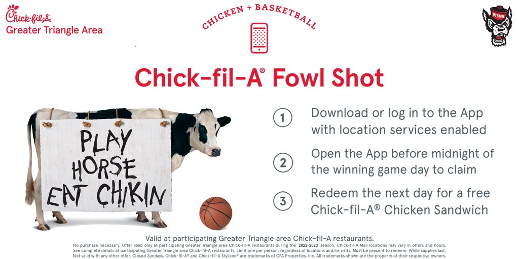 Free Chicken!

UNC missed two free throws in the final 8 minutes today and we all win chicken!

Redeem on your CFA app