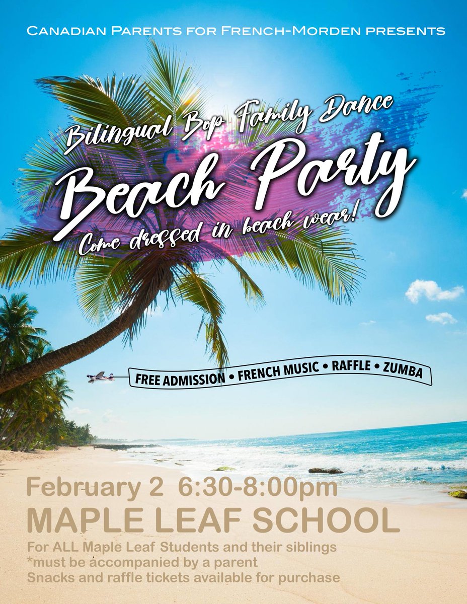 CpfMorden's tweet photo. Canadian Parents for French - Morden Chapter will be hosting the Bilingual Bop family dance on Feb 2. This free dance is open to ALL Maple Leaf students and their families. French music, Zumba, snacks, a performance from Fun &amp; Fire and more!  Click on the poster for more details https://t.co/iYjQpruXh9