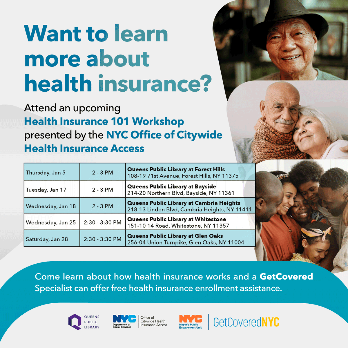 MayorsPEU's tweet photo. Want to learn more about health insurance? Join a Health Insurance 101 workshop tomorrow or Saturday!

We're excited to share info on health coverage options for New Yorkers in Queens. Check out the schedule below.

@QPLNYC @NYCHRA https://t.co/bjozxPVvum